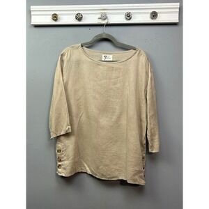 Andrea Jovy Linen Blend 3/4 Sleeve Button Side Casual Top Women M Beige